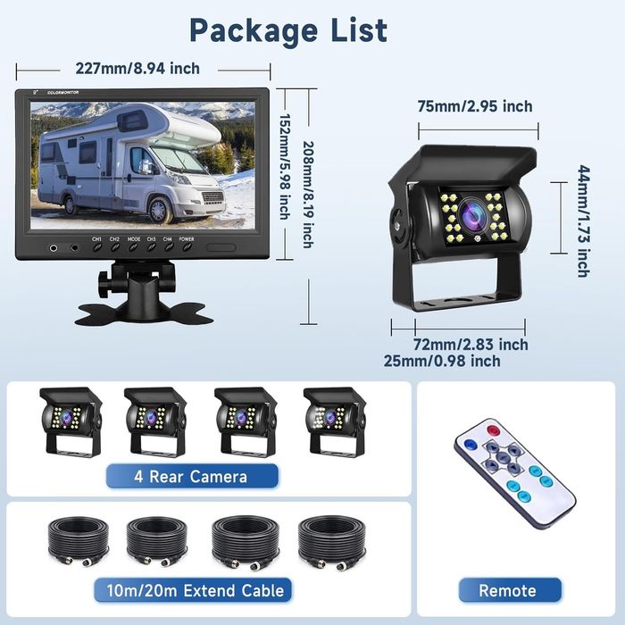 ПРО система за видеонаблюдение: 9" монитор + 4 камери за камиони и рем