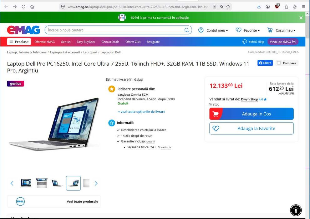 Laptop Business DELL Pro 16 PC16250, FHD+, Intel® Core™ Ultra 7 255U 5.20 GHz, 32GB DDR5, 1TB SSD, Intel Graphics, Windows 11 Pro, 2 ani ProSupport