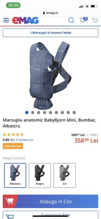 Marsupiu anatomic Mini BabyBjorn, cu pozitii multiple de purt