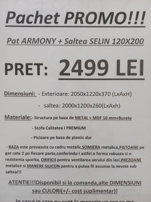 Pat Tapitat SERRA+Saltea 120x200 Cadru+somiere metalice