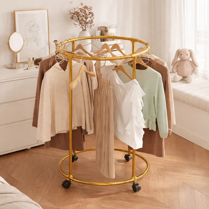 Вешалка-стойка напольная круглая на колёсах, золотая, 135 см