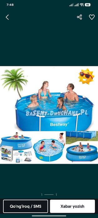 BASSEYNLAR INTEX
Bassenlarga 20% skidka boldi .
Bunaqa