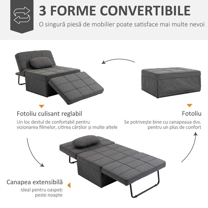 Taburet Pat Individual 3 în 1 cu Spătar Reglabil pe 5 Nivele , HOMCOM