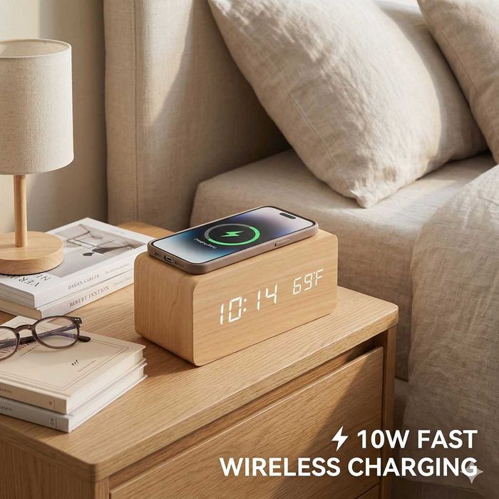 Încărcător Wireless 10W cu Ceas Digital Wyred by Monga Natur AC - Lemn
