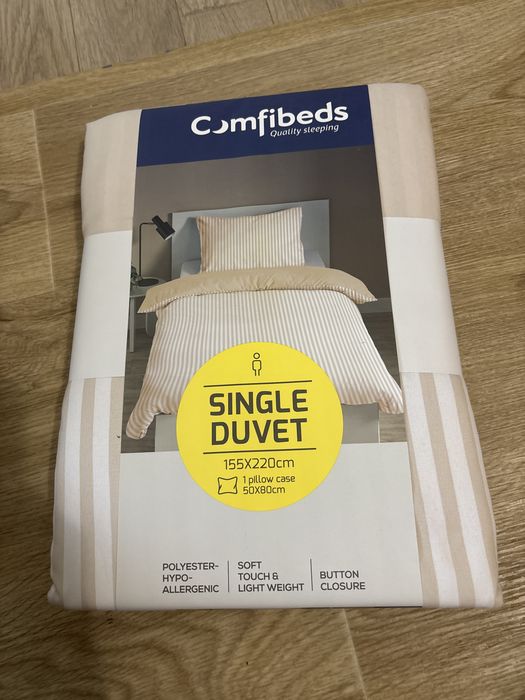 Set Lenjerie de Pat Comfibeds Single Duvet, Husa Pilotă 155x220 cm + 1 Față de Pernă 50x80 cm, Bej cu Dungi