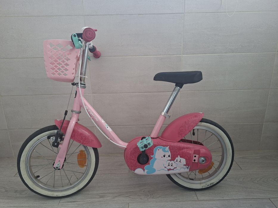Bicicleta copii B'Twin 14 inch, roz, cu roti ajutatoare