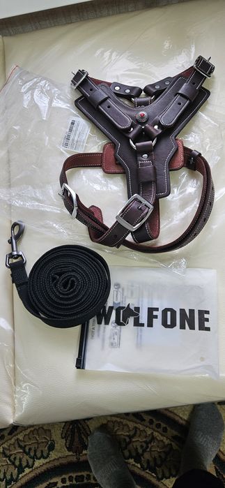Шлейка кожаная с поводком в комплекте.
