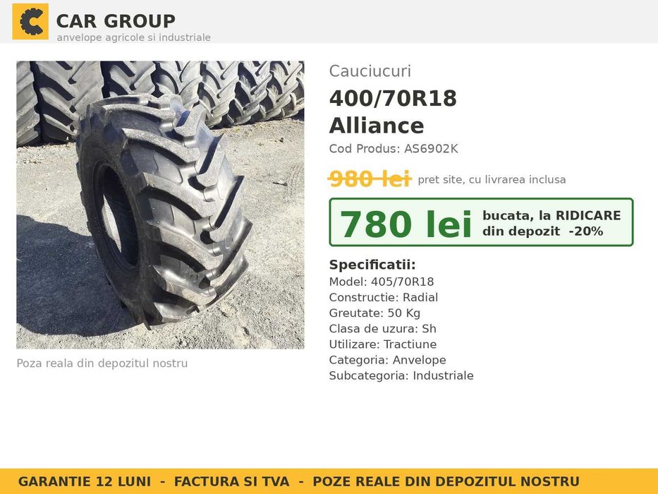 Cauciucuri Anvelope 400/70R18 400 70 R18 4007018 400 70R18 Alliance Buldo Incarcator Utilaje Radial SH Second Hand CAUCIUCURI Garantie 1 An Factura