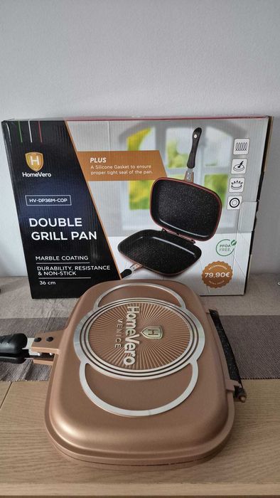 Tigaie grill dubla HomeVero HV-DP36M, 36 cm, Acoperire Marmura, Bronz