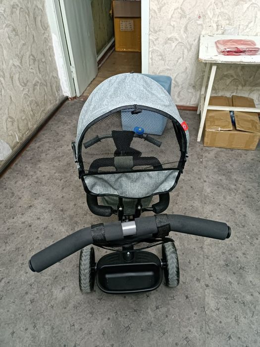 Bolalar velosipedi, tutqichli, uch g'ildirakli, soyabonli aravacha