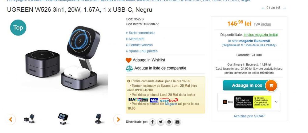 Încărcător - Suport Wireless Magnetic Pliabil UGREEN - Ca nou