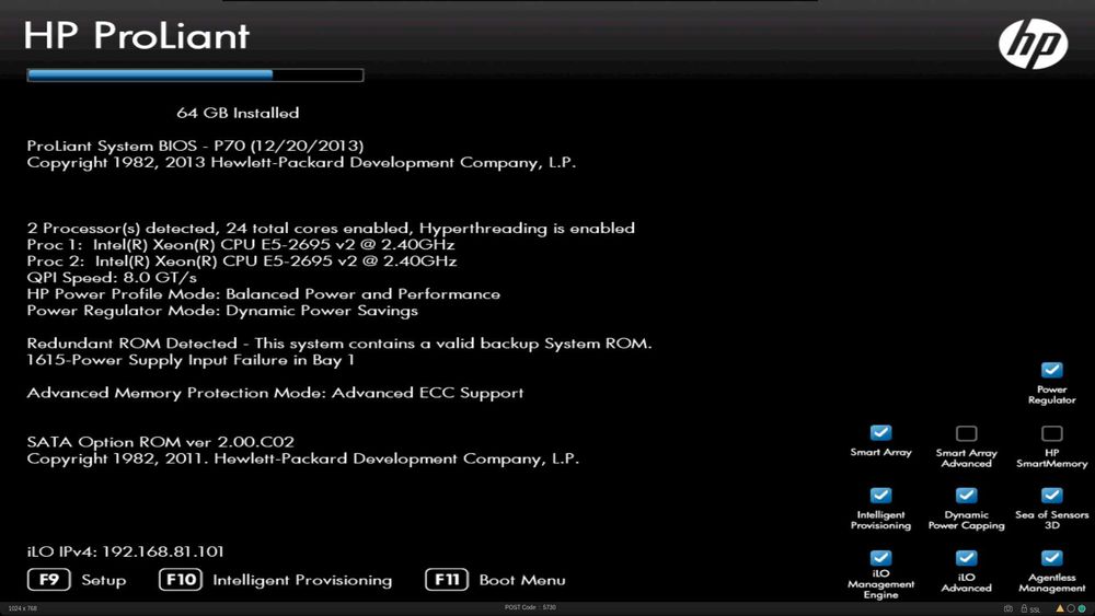 AI Сървър HP DL380p Gen8 -2хXEON 12 Core E5-2695 v2/ RAM 64GB /1x 500GB SATA,3x 450GB SAS 10000rpm /RAID 420i