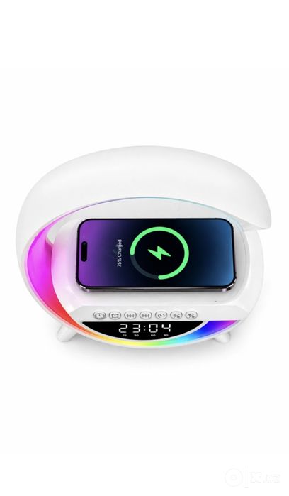 RGB LED Беспроводная зарядка Bluetooth, Колонка с часами и подсветкой.