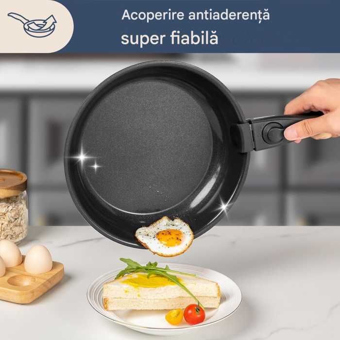 Set 3 tigăi cu mâner detașabil 20/24/28cm ceramică antiaderentă Inducție & cuptor - Alajivo