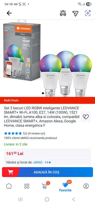 Set 3 becuri LED RGBWinteligenteLEDVANCE SMART+Wi-Fi,14W(100W),1521 lm