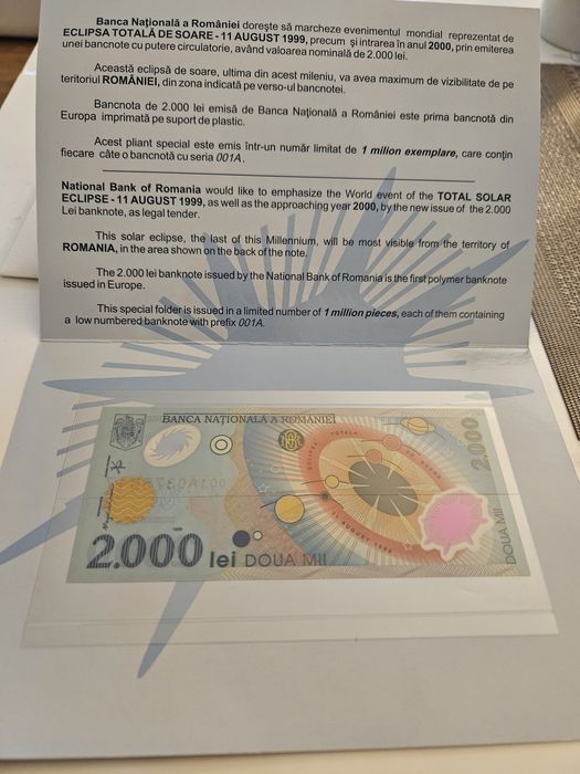 Bancnotă rară 2000 lei, ediție specială Eclipsa Solară 1999