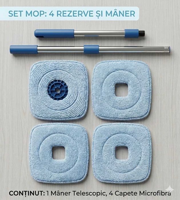 Set Mop Inteligent cu Separare Apă Curată/Murdară + 4 Rezerve Microfibră