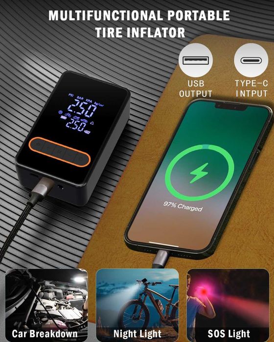 Акумулаторен мини копресор, Power Bank, Автоматично изключване, LED