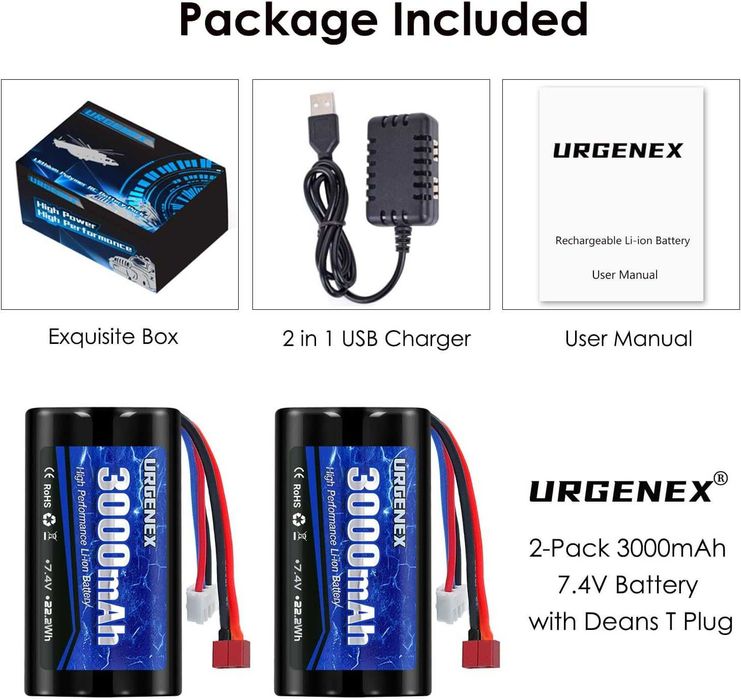 3000mAh 7.4 V литиево-йонна батерия с Deans T-щепсел 2S презареждаща се RC батерия