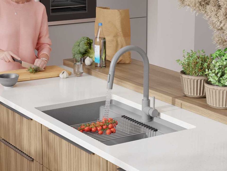 Сива кухненска мивка за вграждане под плот Берген 80 Low 760x530 мм