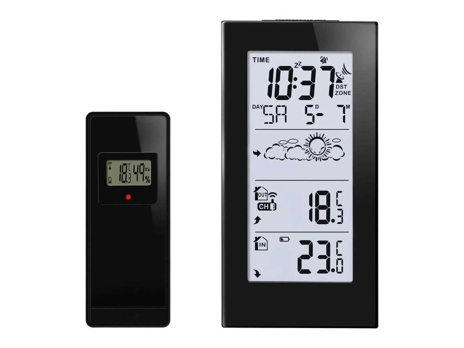 Termometru interior exterior, stație meteo wireless, ceas radiocomandat, culoare neagra; nou, sigilat, realizat Germania; performant calitate premium