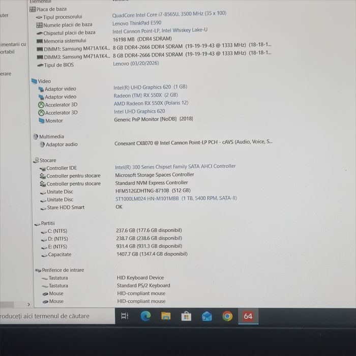 Lenovo I7-8565U,16Gb Ram, Ssd 512Gb