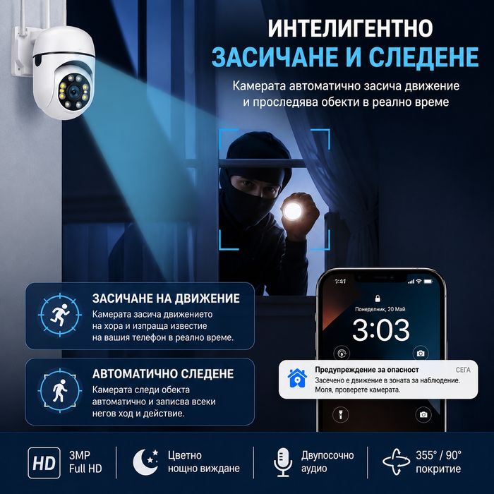 Смарт WiFi PTZ камера 1080P с нощно виждане
