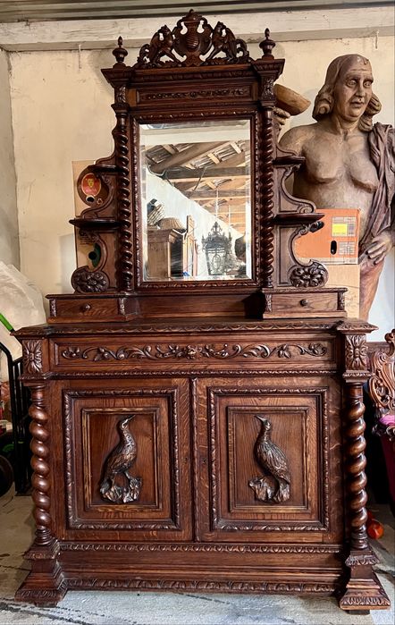 Bufet / Comodă antică cu oglindă – lemn masiv sculptat, model deosebit