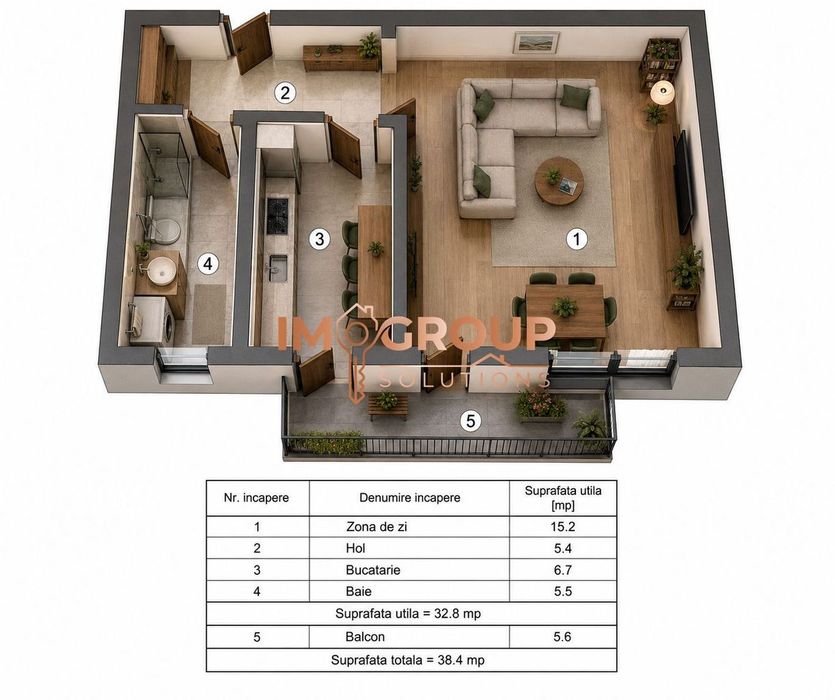 Apartament 1 cameră - 38 mp utili 0%comision pret redus de la 76.000