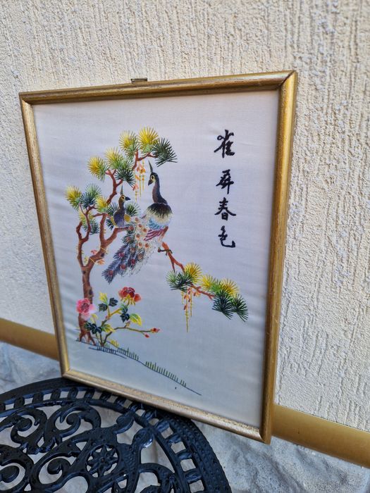 Прекрасна антикварна китайска бродерия картина върху коприна
