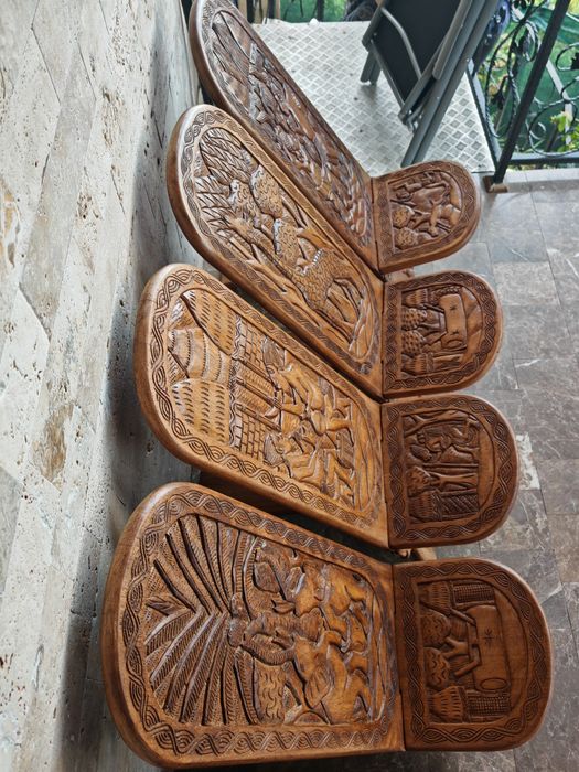 Set african vintage Palaver– 4 scaune + masă – sculptura artizanala excepțională.