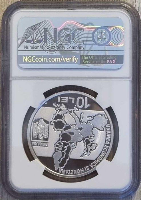 Moneda BNR 10 lei argint Uniunea Economica Euro gradata NGC PF 69