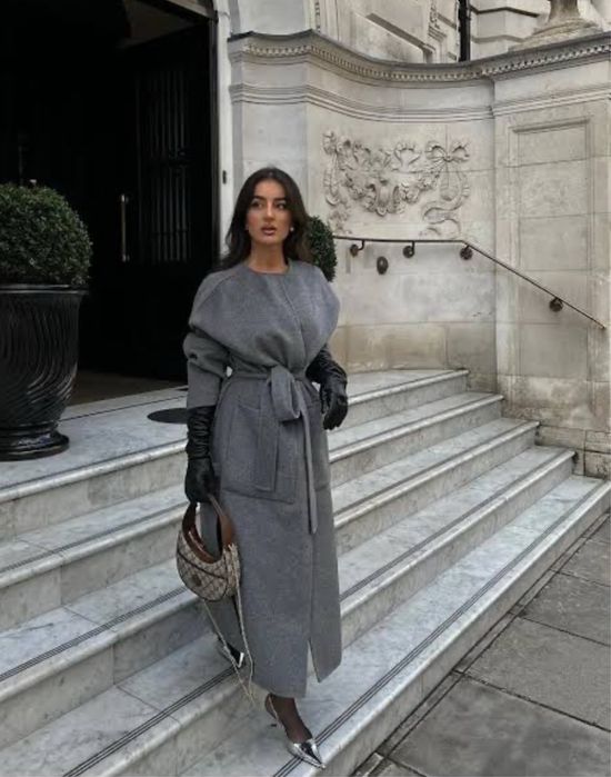 Дамско дълго сиво вълнено палто Zara