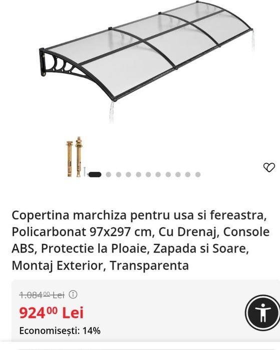 Copertina marchiza policarbonat pentru usi geamuri dim 100 x 300 cm nou pret 550 de lei