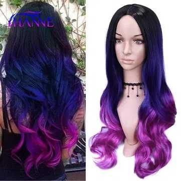 Три цветна перука черно лилаво розова