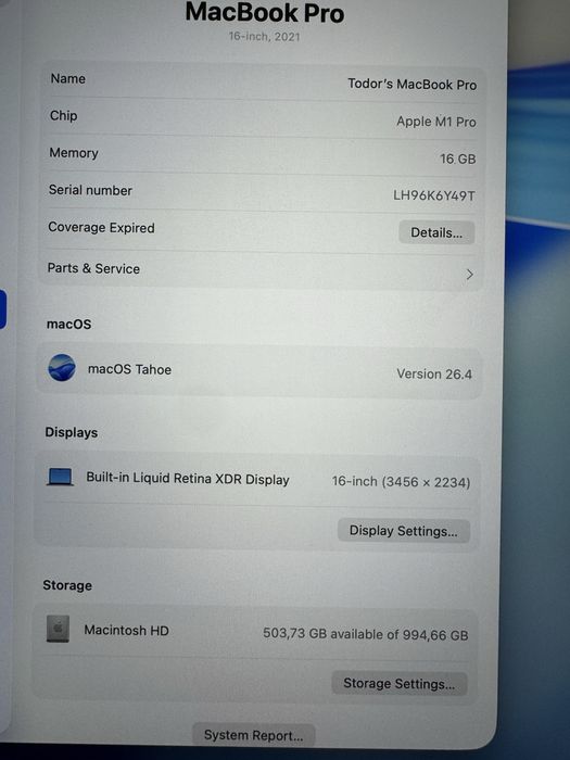 Macbook Pro M1 Pro 16inch 1TB SSD