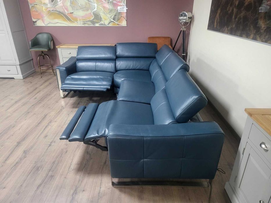 Тюркоазено син кожен ъглов диван Torres с ел. релакс механизъм