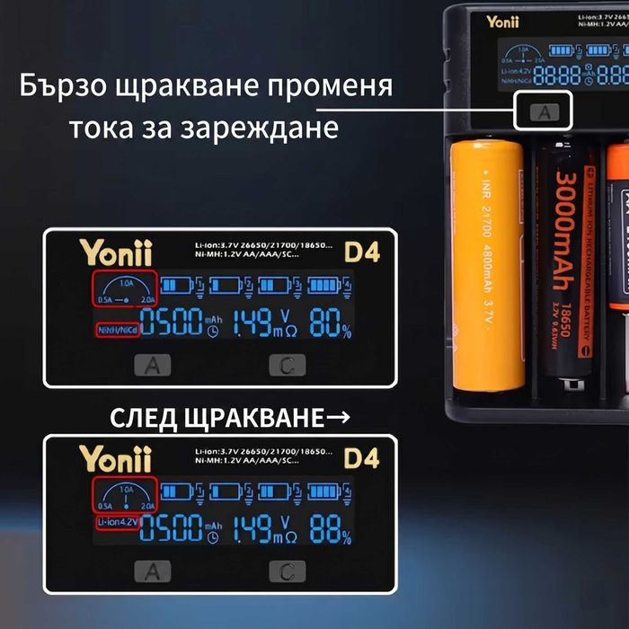 Yonii D4 Смарт Зарядно за Батерии 18650, 21700, 26650, AA AAA Li-ion Ni-MH Тестер Капацитет Бързо 2A