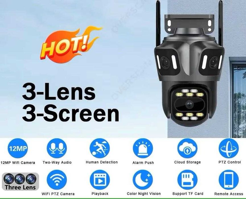 Топ цена! Тройна Външна WiFi Камера 12MP  с три лещи IP66, iCsee