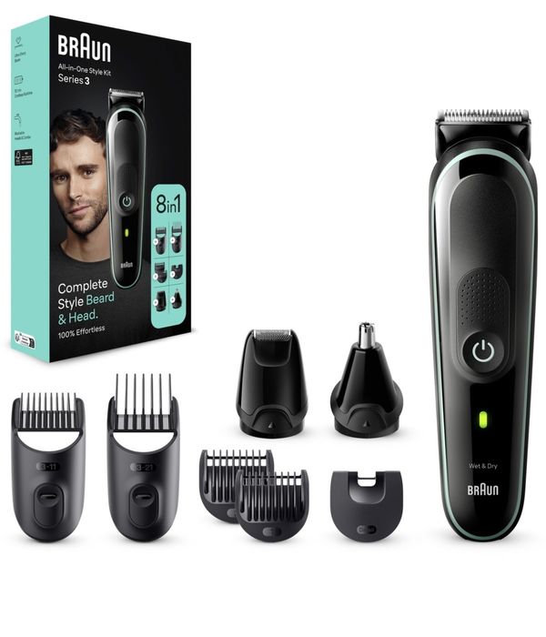 Мултифункционален тример Braun MGK3441, Wet&Dry, 8 в 1, 5 гребена, Автономност 80 минути, Торбичка за транспортиране, Черен