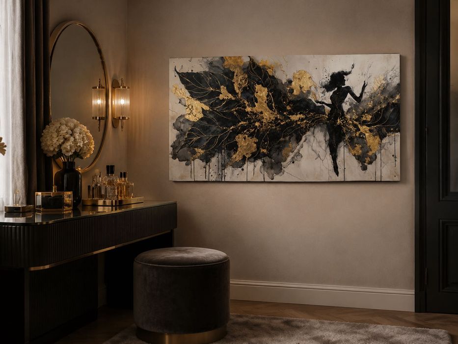 Tablou canvas Dansul, siluetă dansatoare negru și auriu, 80×45 - 140×78 cm