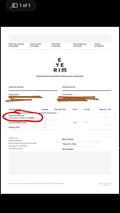 Ramă ochelari Hugo Originală.