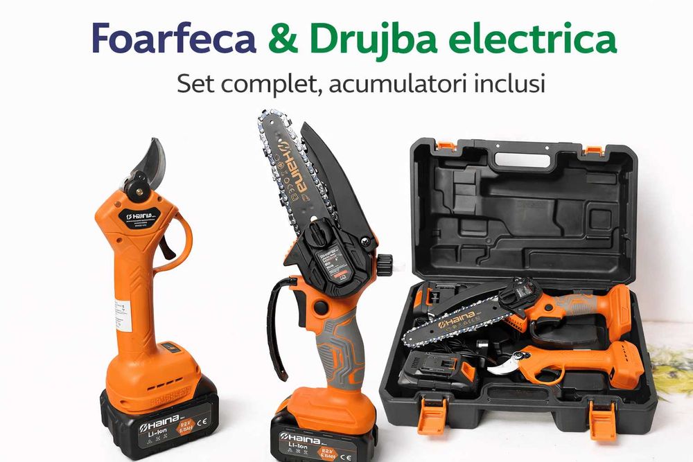 Set foarfeca electrica + mini drujba Haina 62V cu 2 acumulatori