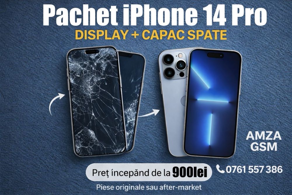 Pachet Display + Sticla Spate iPhone 14 Pro 16 15 13 12 Max Plus Ecran