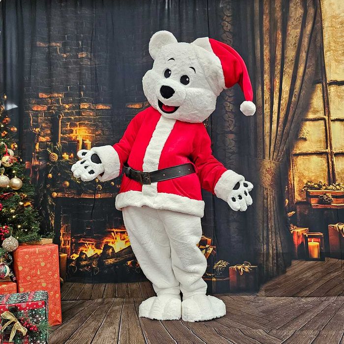 Costum Mascotă Urs Polar Alb de Crăciun pentru Adulți – Mascotă Profesională Handmade cu Costum Moș Crăciun pentru Evenimente și Petreceri