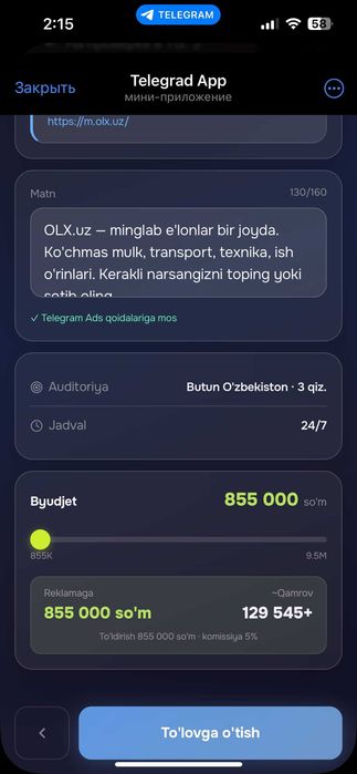 Telegram'da reklama — 900 000 so'mdan, to'g'ridan-to'g'ri