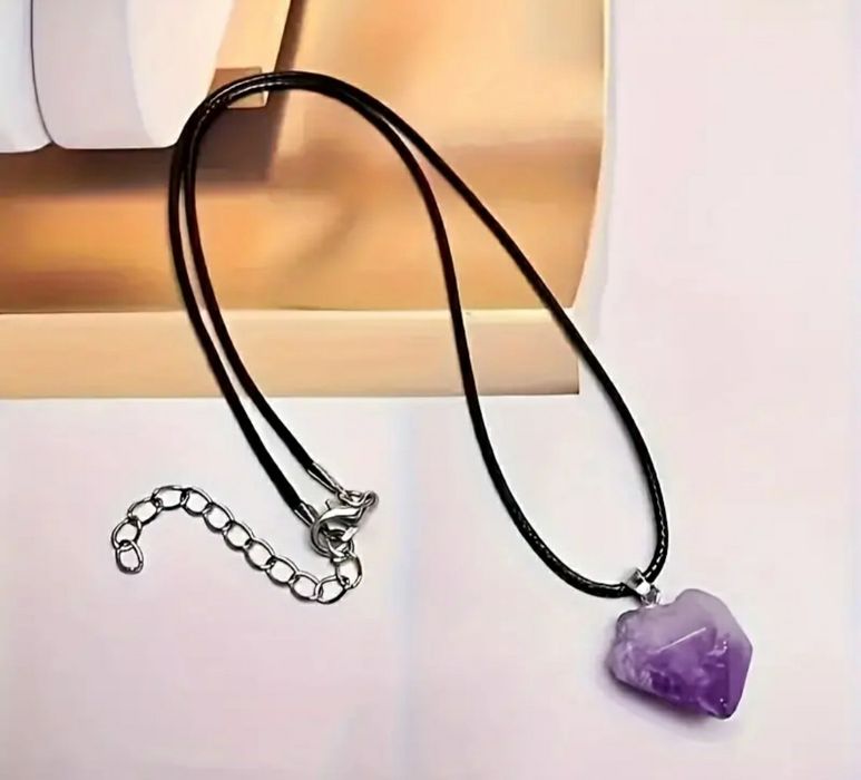 Комплект бижута естествен камък аметист - Колие с висулка и гривна