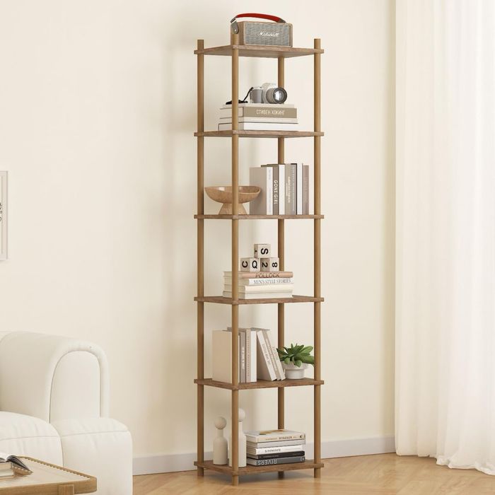 Bibliotecă din Lemn cu 6 Rafturi Îngustă – Culoare Rustică Maro 40x30x163 cm