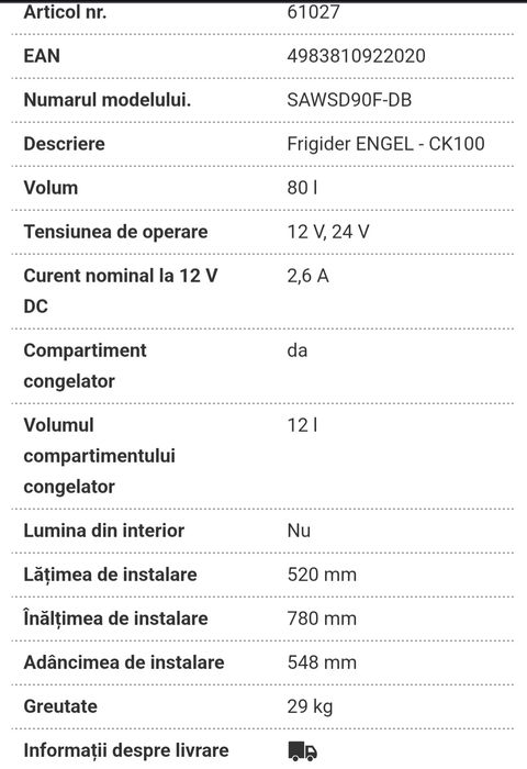 Frigider rulota  Engels compresor 12V 92 litri
