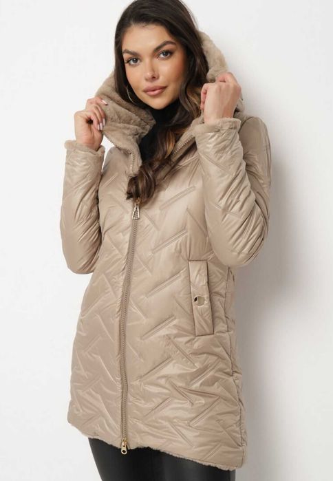 Geaca de iarna bej, parka, imblanita pe interior, marime S/36, NOU